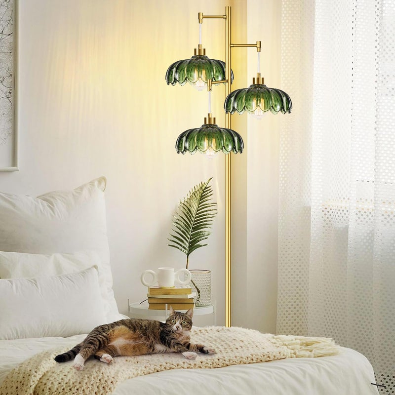 ILLMTW Glass Gold Floor Lamp for Living Room,Bedroom,Mid Century Modern Standing Lamp Brass Tree 3 Light Tall Floor Lamps Vintage Retro Floor Lights Green Flower Lamp Shade Farmhouse Boho Bohemian - Image 2