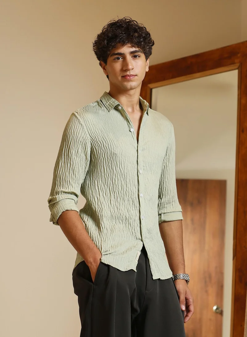 CAHOOT Green Men's Light Pistachio Solid Creased-Tactile Shirt for Men | Best Price UAE