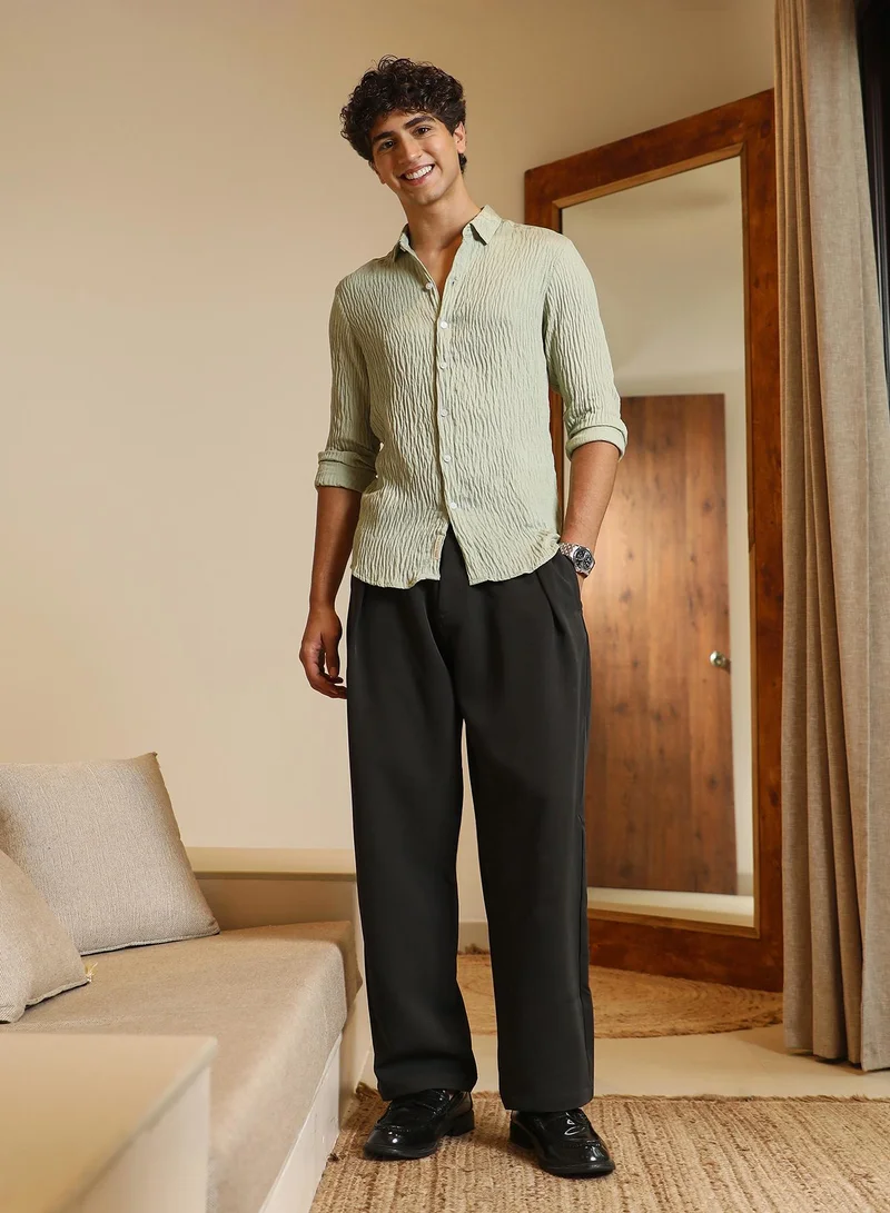 CAHOOT Green Men's Light Pistachio Solid Creased-Tactile Shirt for Men | Best Price UAE