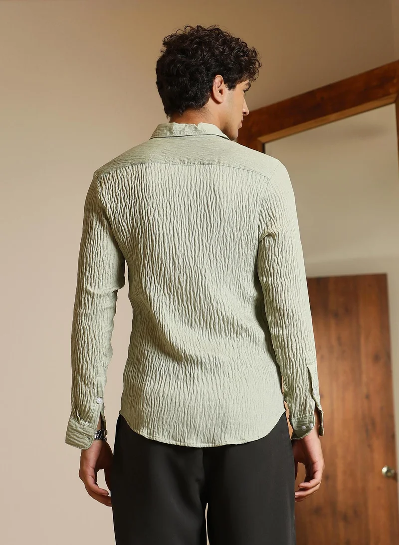 CAHOOT Green Men's Light Pistachio Solid Creased-Tactile Shirt for Men | Best Price UAE