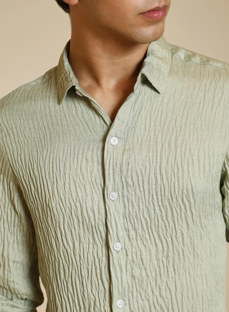 CAHOOT Green Men's Light Pistachio Solid Creased-Tactile Shirt for Men | Best Price UAE