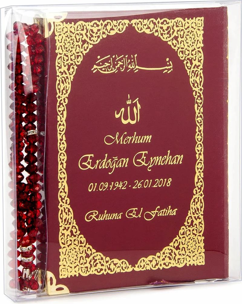 İhvan Online 50 Pieces - Name Printed Hardcover Book of Yasin - Bag Size - 128 Pages - With Prayer Beads - Transparent Box - Red Color - Religious Gift Set