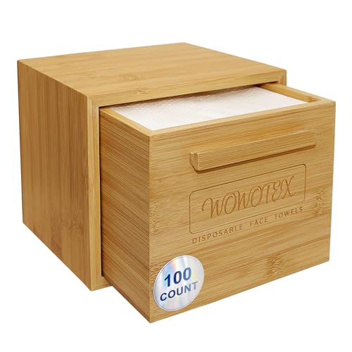 WOWOTEX Luxe Bamboo Towel Container (Bamboo Box Towel Holder) with Disposable Face Towels Biodegradable Large Dry Wipes 100 Count Extra Thick Soft Clean Facial Towels for Facial Cleansing - Image 1
