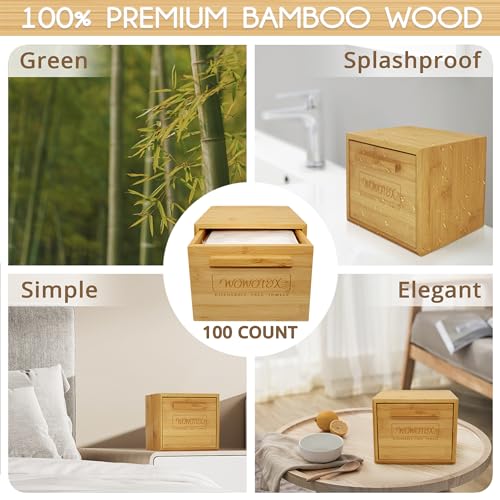 WOWOTEX Luxe Bamboo Towel Container (Bamboo Box Towel Holder) with Disposable Face Towels Biodegradable Large Dry Wipes 100 Count Extra Thick Soft Clean Facial Towels for Facial Cleansing - Image 2