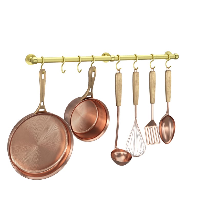 ROTHLEY Stainless Steel Hanging Pot Rack Hanger: 23.7 Inch Brass Pot and Pan Hanger Wall Mounted Hanging Pot Bar Rack Heavy Duty Pot Hangers Kitchen Rail with 8 S Hooks - Image 1