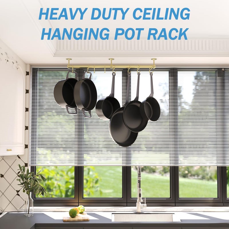 ROTHLEY Stainless Steel Hanging Pot Rack Hanger: 23.7 Inch Brass Pot and Pan Hanger Wall Mounted Hanging Pot Bar Rack Heavy Duty Pot Hangers Kitchen Rail with 8 S Hooks - Image 5