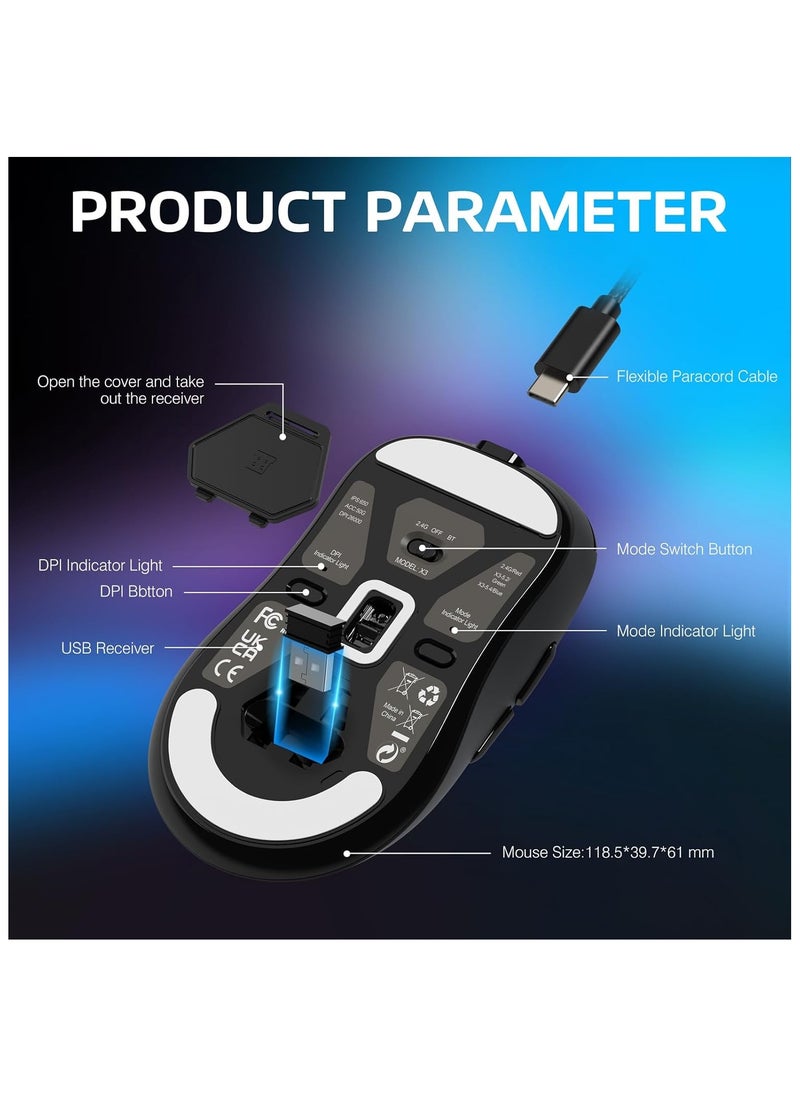 Attack Shark - ATTACK SHARK X3 Wireless Gaming Mouse, 49g Ergonomic Computer Mouse, Triple Modes PAW3395 26K DPI Optical Sensor, 200h Battery Life, Programmable Buttons, Gaming Accessories for PC/Laptop/Mac (Black) - Image 1
