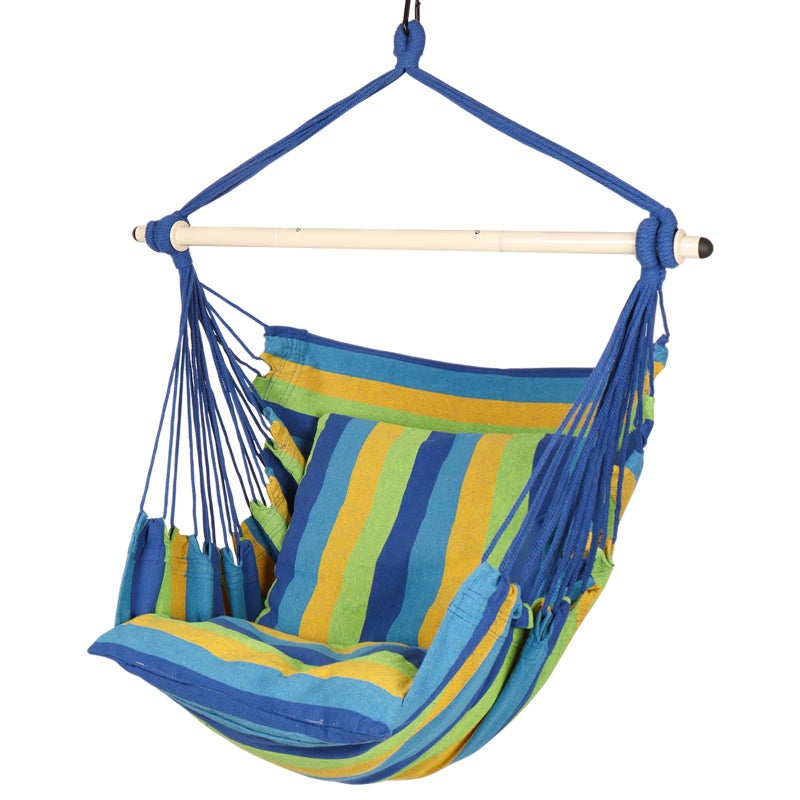 Highwild كرسي أرجوحة هاموك هاي وايلد مع حبال معلقة سعة 500 رطل مع وسادتين شاملتين قضيب فولاذي مع حلقات مضادة للانزلاق لمساحات داخلية أو خارجية باللون الأزرق المخطط