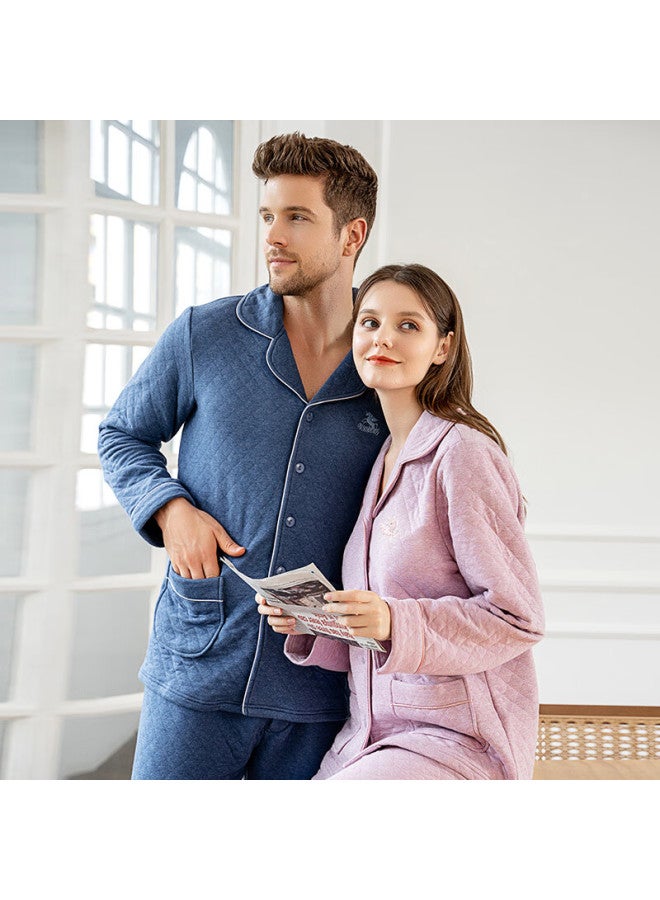 Meibiao Thickened Warm Couple Long Sleeve Pajamas Autumn Winter Quilted Simple Homewear Set Gray Blue XL - Image 4