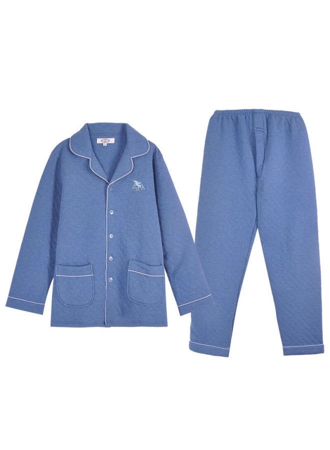 Meibiao Thickened Warm Couple Long Sleeve Pajamas Autumn Winter Quilted Simple Homewear Set Gray Blue XL - Image 5