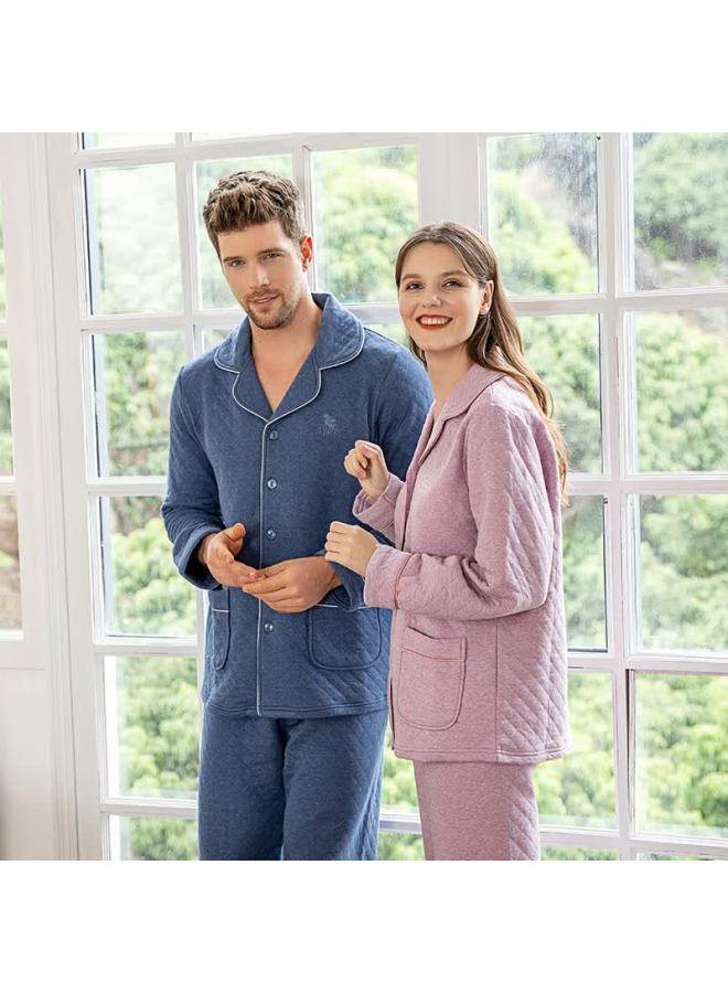 Meibiao Thickened Warm Couple Long Sleeve Pajamas Autumn Winter Quilted Simple Homewear Set Gray Blue XL - Image 3