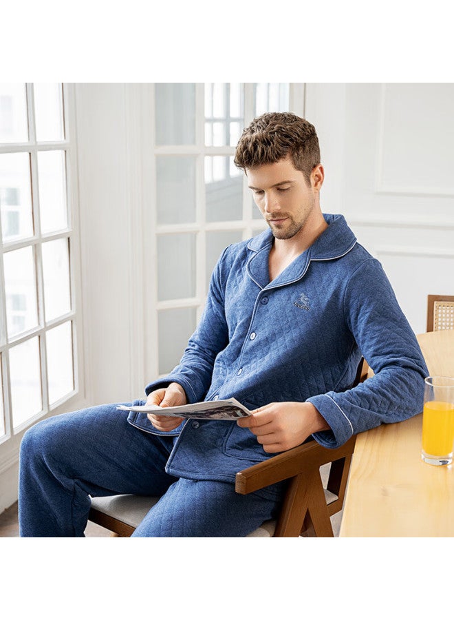 Meibiao Thickened Warm Couple Long Sleeve Pajamas Autumn Winter Quilted Simple Homewear Set Gray Blue XL - Image 1
