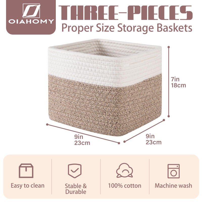 OIAHOMY 9â€x9â€x7â€ Storage Cubes, Cotton Rope Woven Baskets for Organizing, Cube Storage Bin, Small Gift Basket for Shelf, 3-Pack, Brown&White - Image 2