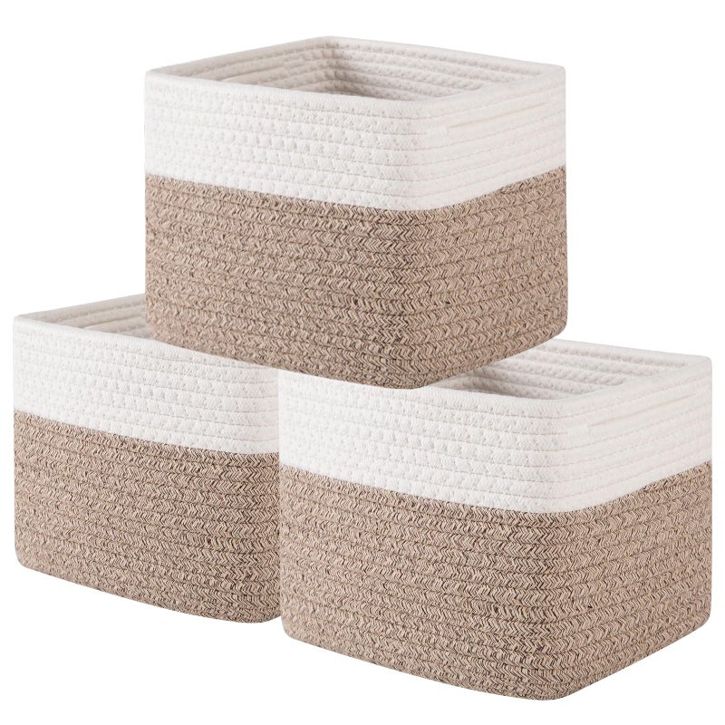 OIAHOMY 9â€x9â€x7â€ Storage Cubes, Cotton Rope Woven Baskets for Organizing, Cube Storage Bin, Small Gift Basket for Shelf, 3-Pack, Brown&White - Image 1