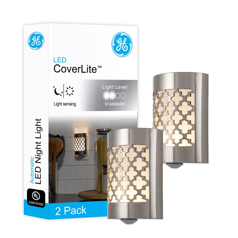 GE CoverLite LED Night Light PlugIn Dusk to Dawn Sensor Home Decor LED Lights for Bedroom Bathroom Kitchen Hallway 2 Pack 46815 Brushed Nickel Moroccan