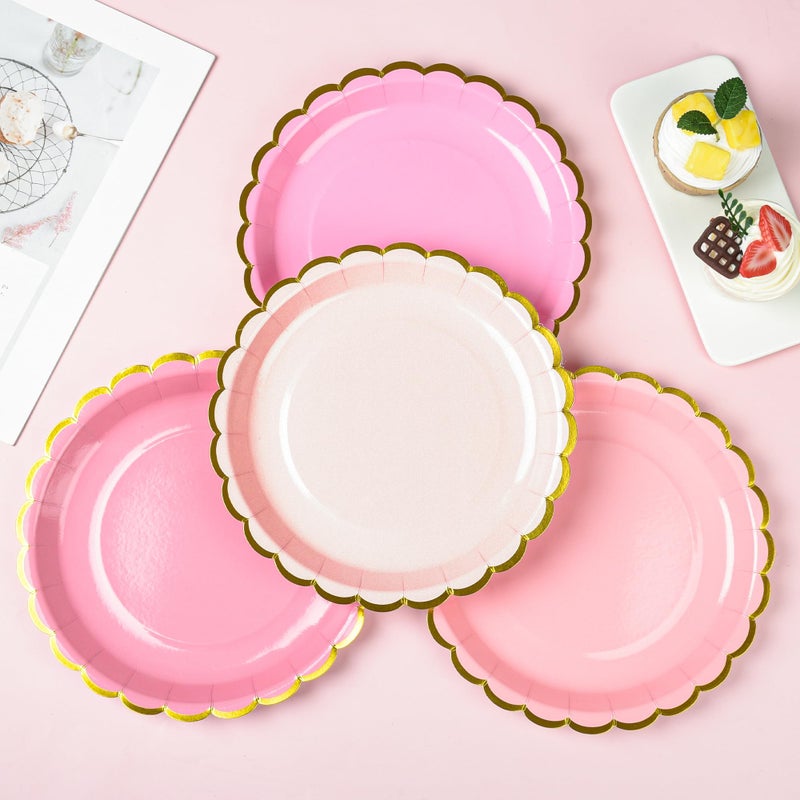 AimFun Pink Scalloped Party Plates Gold Foil Border Paper Plates Valentines Day Disposable 9inch Gradient Serving Plates for Birthday Wedding Bridal Baby Shower Party Supplies (48, Pink) - Image 4