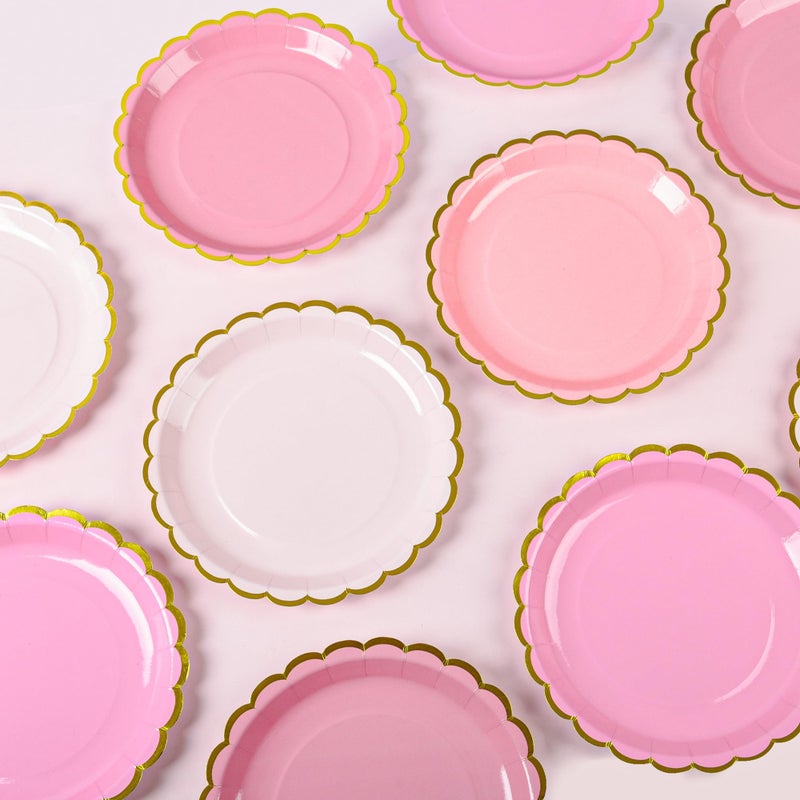 AimFun Pink Scalloped Party Plates Gold Foil Border Paper Plates Valentines Day Disposable 9inch Gradient Serving Plates for Birthday Wedding Bridal Baby Shower Party Supplies (48, Pink) - Image 3