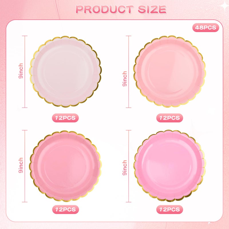 AimFun Pink Scalloped Party Plates Gold Foil Border Paper Plates Valentines Day Disposable 9inch Gradient Serving Plates for Birthday Wedding Bridal Baby Shower Party Supplies (48, Pink) - Image 2