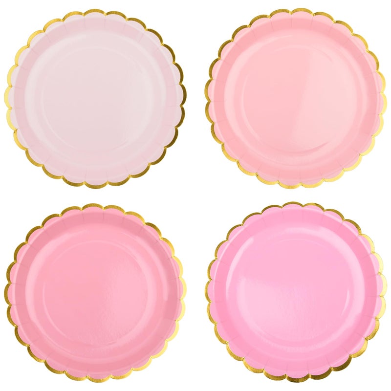 AimFun Pink Scalloped Party Plates Gold Foil Border Paper Plates Valentines Day Disposable 9inch Gradient Serving Plates for Birthday Wedding Bridal Baby Shower Party Supplies (48, Pink) - Image 1