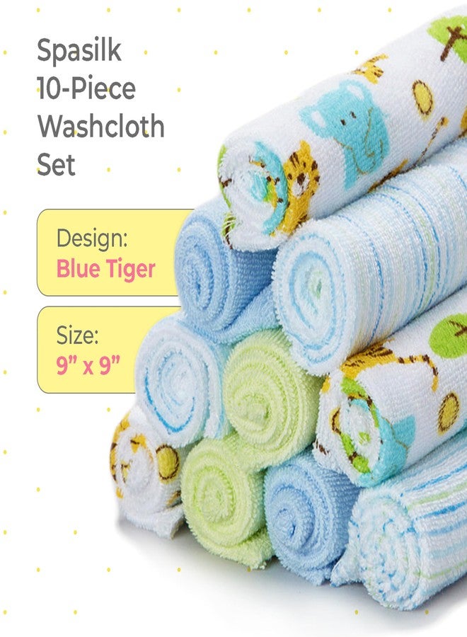 Spasilk 10 Pack Soft Terry Bath Washcloths - Newborn Boy or Girl, Blue Tiger - Image 2