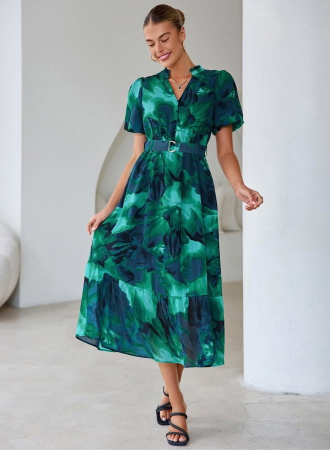 SIMPLEE Womens Summer Boho Floral Midi Dress Casual Beach Wedding Guest Chiffon A Line Belted Long Flowy Holiday Dresses 2026, Floral Lake Blue, S - Image 2