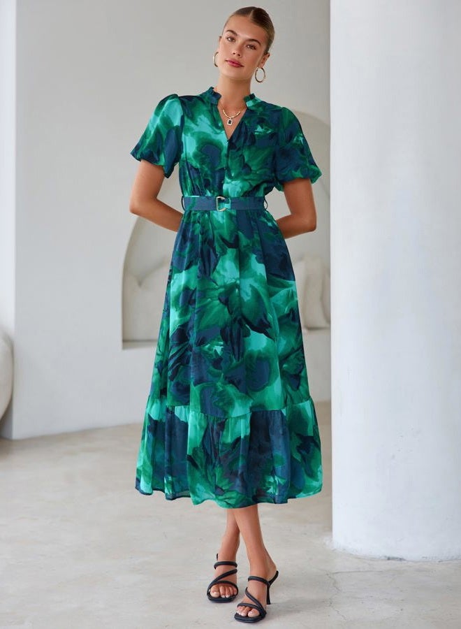 SIMPLEE Womens Summer Boho Floral Midi Dress Casual Beach Wedding Guest Chiffon A Line Belted Long Flowy Holiday Dresses 2026, Floral Lake Blue, S - Image 4