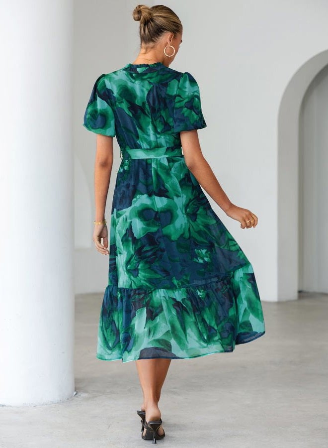 SIMPLEE Womens Summer Boho Floral Midi Dress Casual Beach Wedding Guest Chiffon A Line Belted Long Flowy Holiday Dresses 2026, Floral Lake Blue, S - Image 5