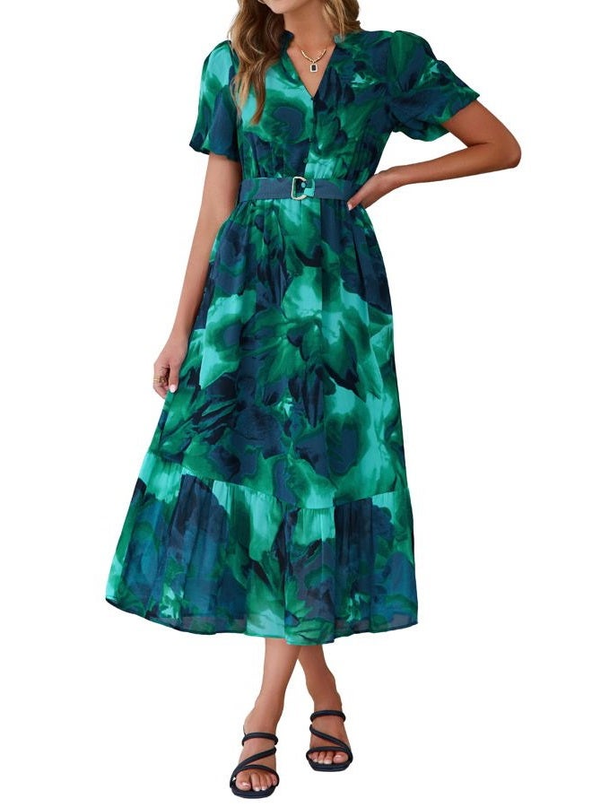 SIMPLEE Womens Summer Boho Floral Midi Dress Casual Beach Wedding Guest Chiffon A Line Belted Long Flowy Holiday Dresses 2026, Floral Lake Blue, S - Image 1