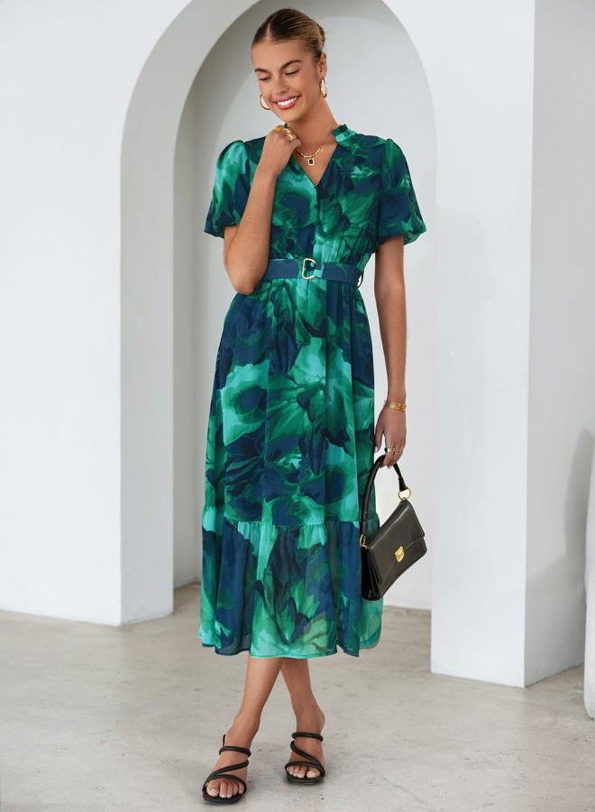 SIMPLEE Womens Summer Boho Floral Midi Dress Casual Beach Wedding Guest Chiffon A Line Belted Long Flowy Holiday Dresses 2026, Floral Lake Blue, S - Image 3