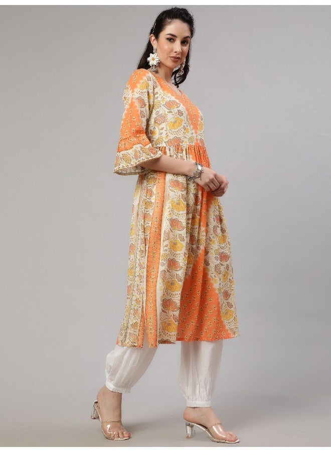 AKS Orange & Cream Floral Printed Gathered Kurta  - Image 3