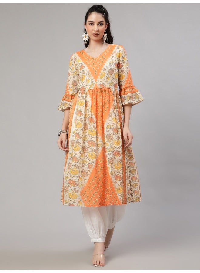 AKS Orange & Cream Floral Printed Gathered Kurta  - Image 1