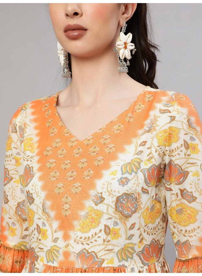 AKS Orange & Cream Floral Printed Gathered Kurta  - Image 2