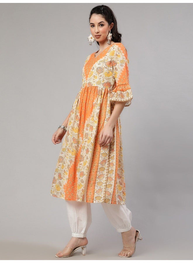 AKS Orange & Cream Floral Printed Gathered Kurta  - Image 5