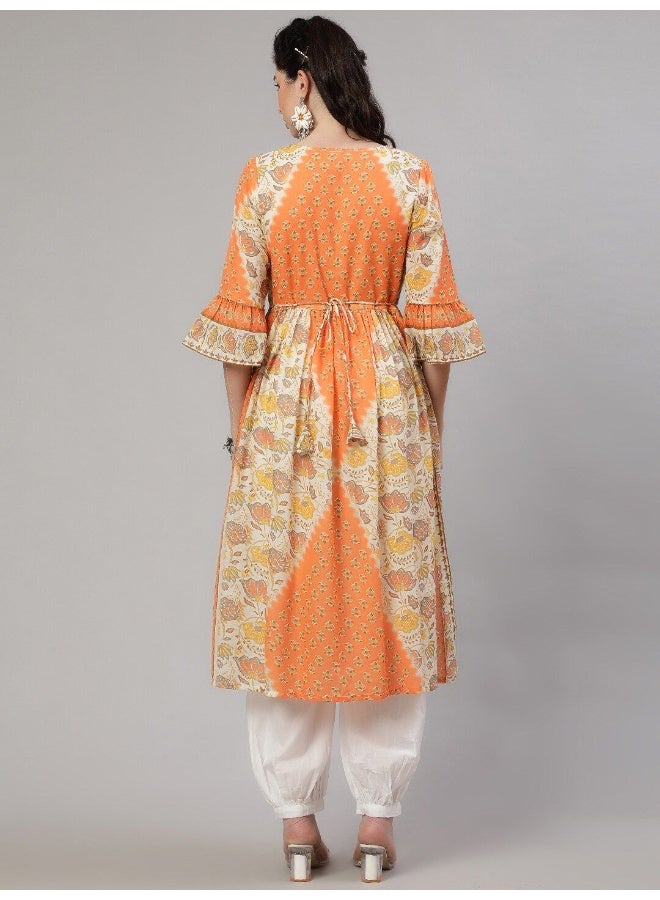 AKS Orange & Cream Floral Printed Gathered Kurta  - Image 4