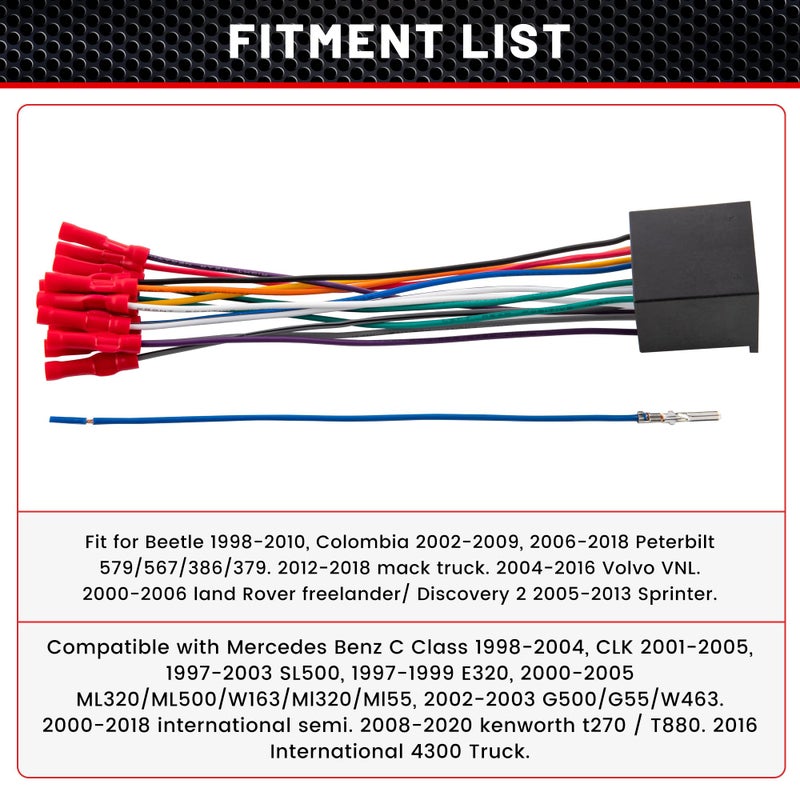 RED WOLF Car Radio 16 Pin ISO Wire Harness For Semi Truck Freightliner International Peterbilt Volvo Mack Kenworth Install Aftermarket Stereo for JVC Pioneer Kenwood Sony Android w/Wire Connector Butt - Image 2