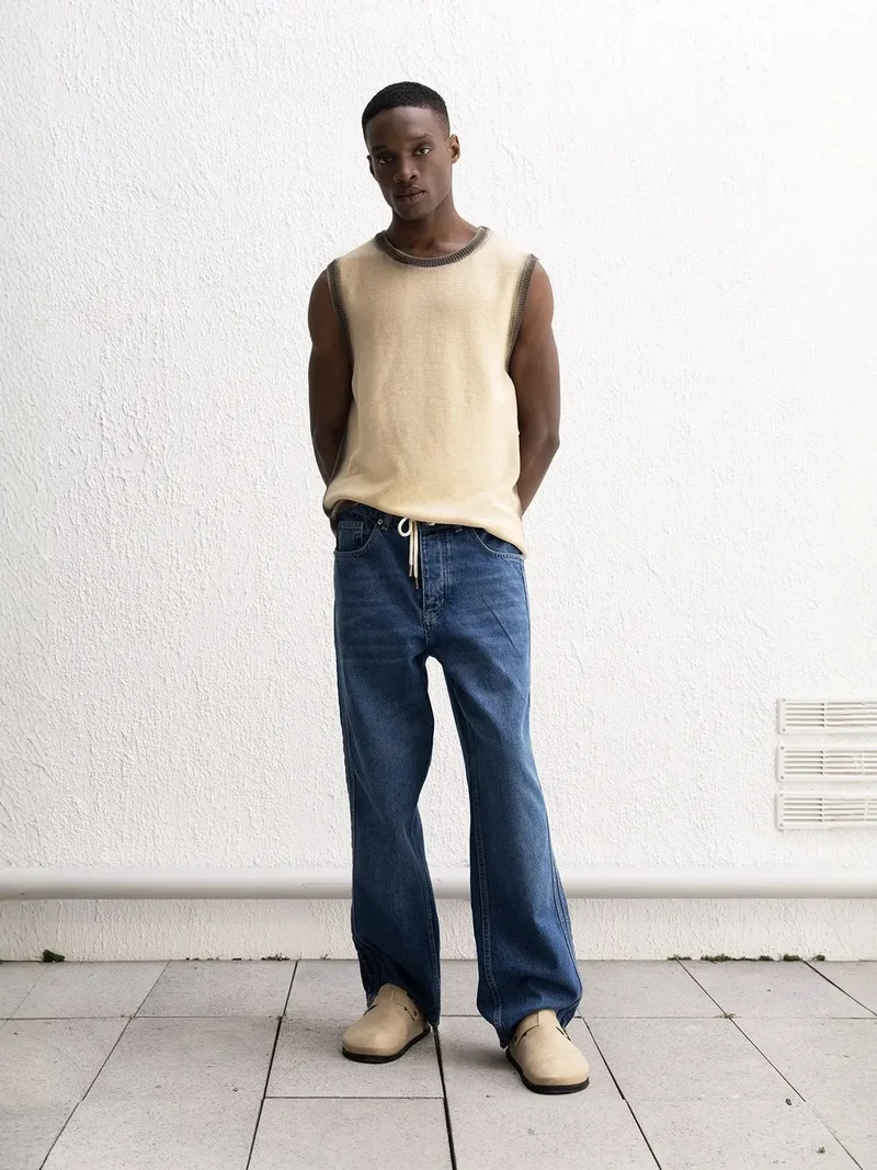 Giesto Beige Natural GIESTO Crew Neck Sleeveless T-Shirt with Contrast Binding for Men | Best Price UAE