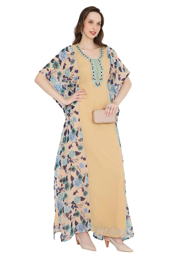 HANA & SARA MULTICOLOUR PRINTED WITH EMBROIDERED SHORT SLEEVES ARABIC KAFTAN JALABIYA DRESSES - Image 1