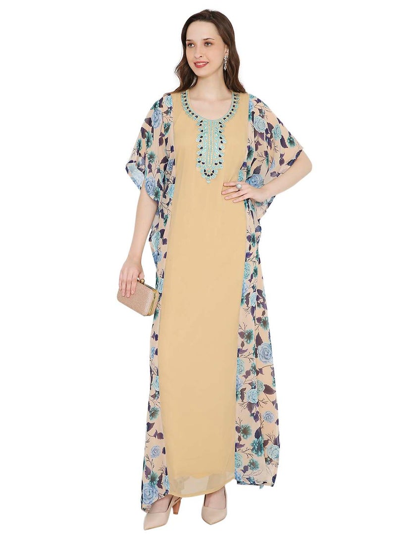 HANA & SARA MULTICOLOUR PRINTED WITH EMBROIDERED SHORT SLEEVES ARABIC KAFTAN JALABIYA DRESSES - Image 4