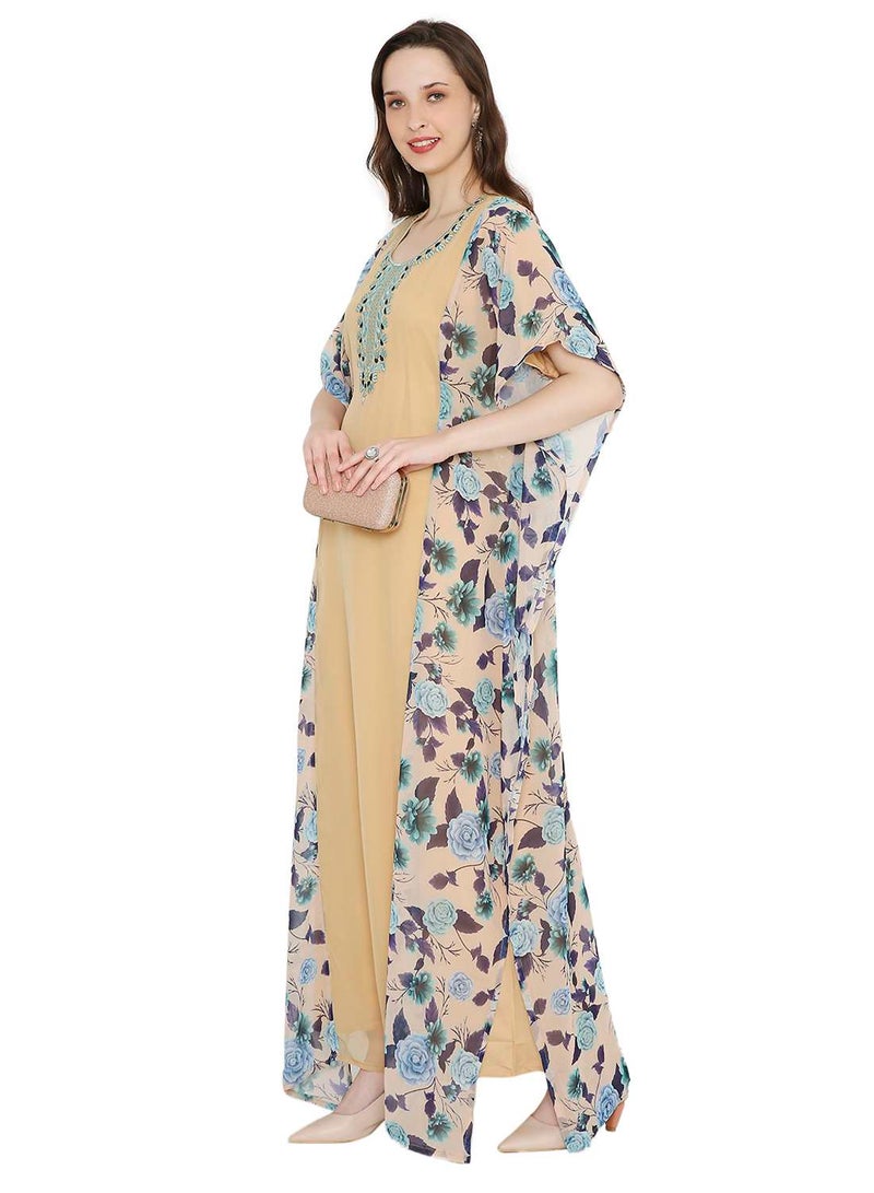 HANA & SARA MULTICOLOUR PRINTED WITH EMBROIDERED SHORT SLEEVES ARABIC KAFTAN JALABIYA DRESSES - Image 5