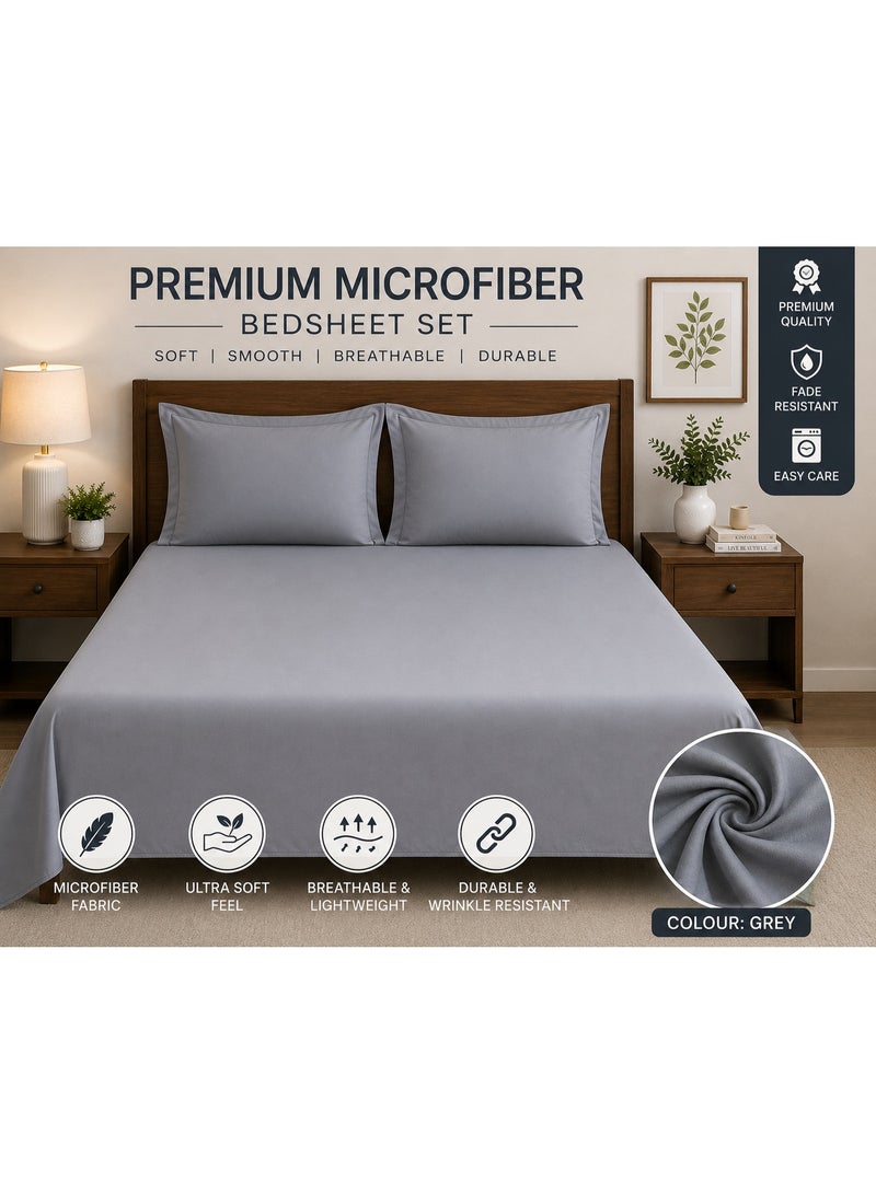 Premium Microfiber Fitted Bedsheet Set with 2 Pillow Covers, Grey