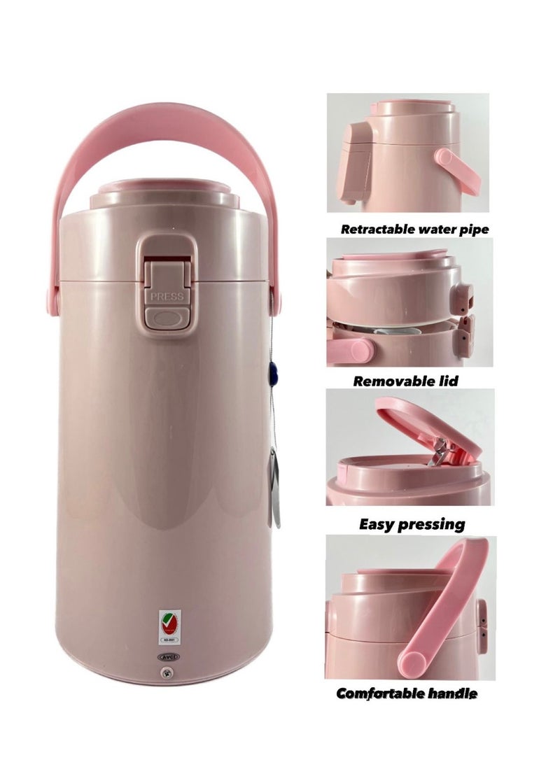 Home Maker - Tea & Coffee Vacuum Flask With Pump, Insulated Double Wall Glass, 2.2 Litre Capacity, Pink - Image 1