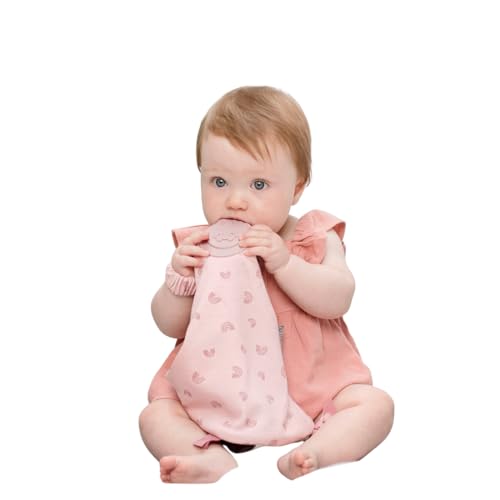 Cheeky Chompers Comfortchew Baby Lovey with Silicone Teether Sensory Tags Soft Fleece Material Attachable Loop Machine Washable Rainbow Rose - Image 1
