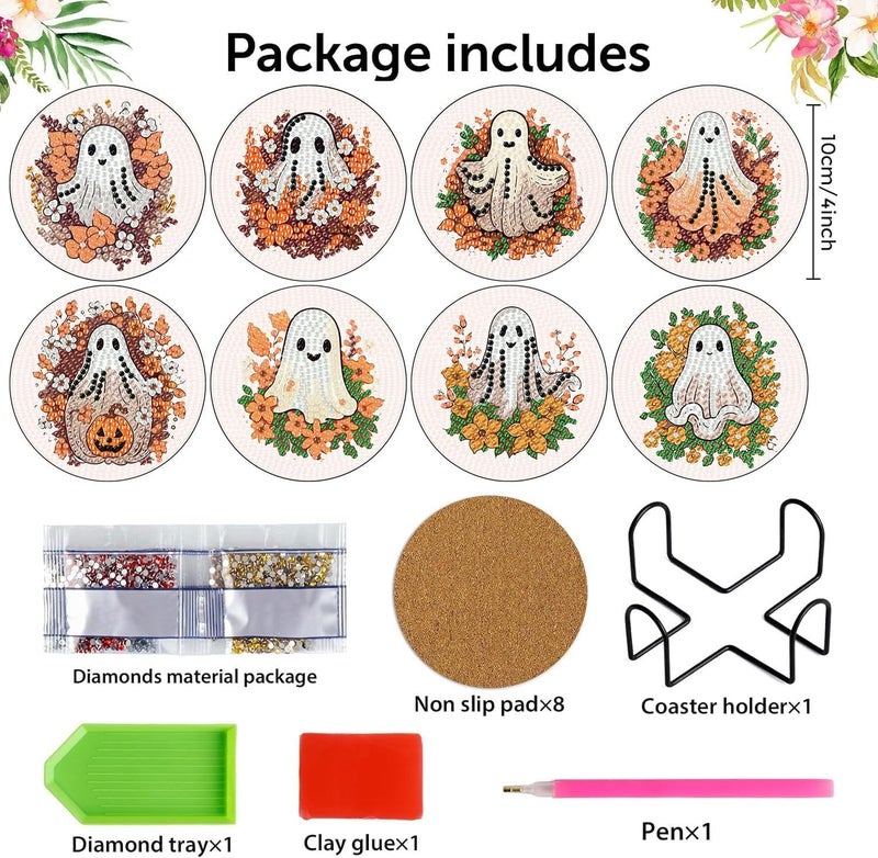 Meothan 8 Pcs Diamond Art Coasters Kits for Adults Diamond Painting Coasters Kits for Adults with Holder Cork Pads Halloween Diamond Art Dotz Painting Coasters Set for Adults Beginners Crafts 4x4in (Ghost) - Image 3