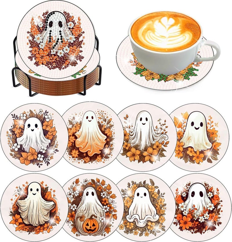 Meothan 8 Pcs Diamond Art Coasters Kits for Adults Diamond Painting Coasters Kits for Adults with Holder Cork Pads Halloween Diamond Art Dotz Painting Coasters Set for Adults Beginners Crafts 4x4in (Ghost) - Image 1