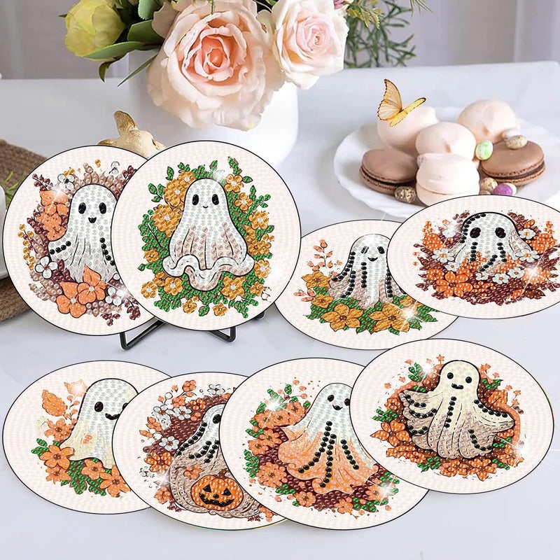 Meothan 8 Pcs Diamond Art Coasters Kits for Adults Diamond Painting Coasters Kits for Adults with Holder Cork Pads Halloween Diamond Art Dotz Painting Coasters Set for Adults Beginners Crafts 4x4in (Ghost) - Image 2