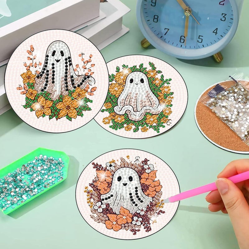 Meothan 8 Pcs Diamond Art Coasters Kits for Adults Diamond Painting Coasters Kits for Adults with Holder Cork Pads Halloween Diamond Art Dotz Painting Coasters Set for Adults Beginners Crafts 4x4in (Ghost) - Image 4