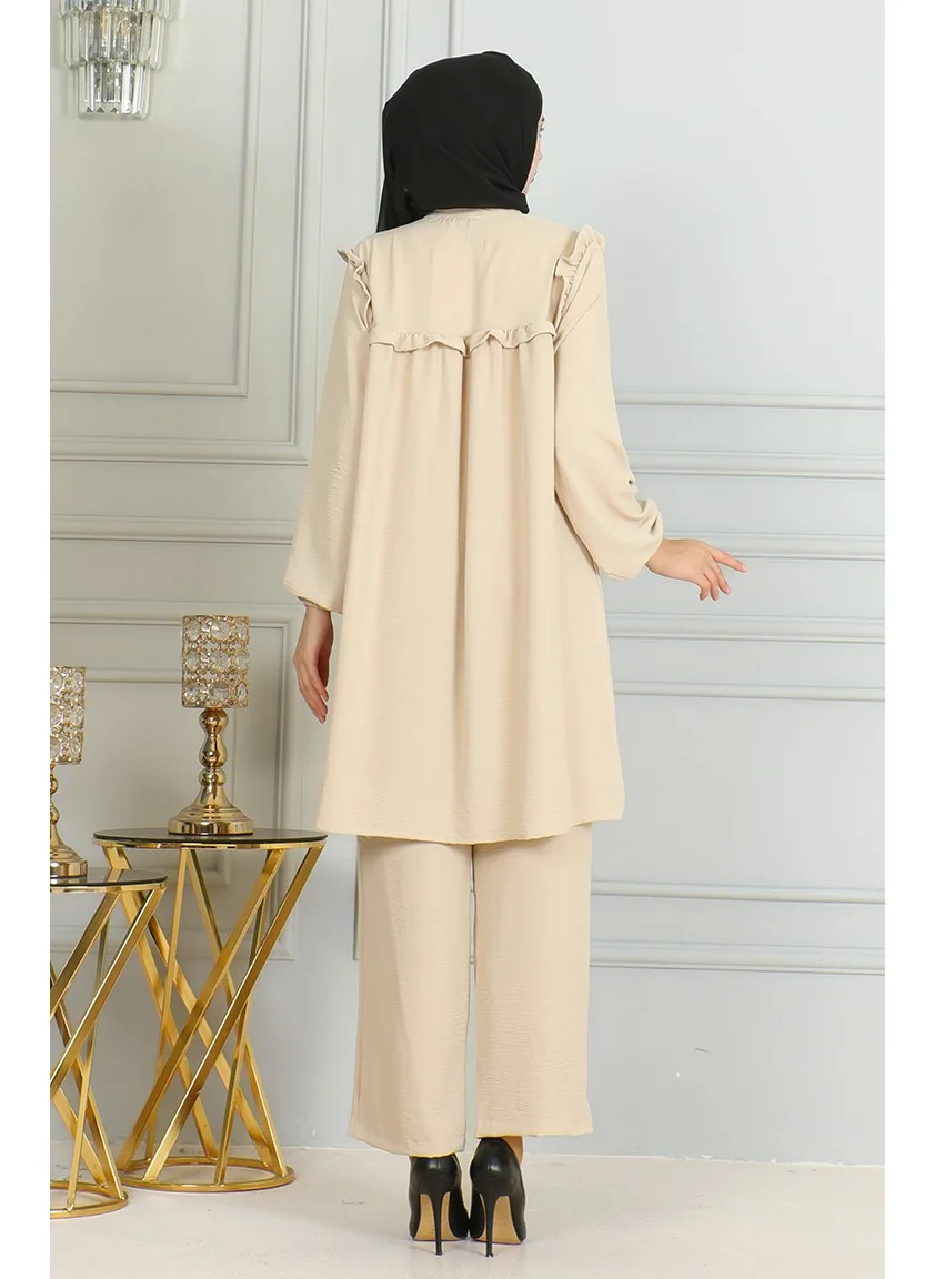 Sefa Merve Aerobin Fabric Ruffle Tunic Trousers Two Piece Set 1009-04 Beige