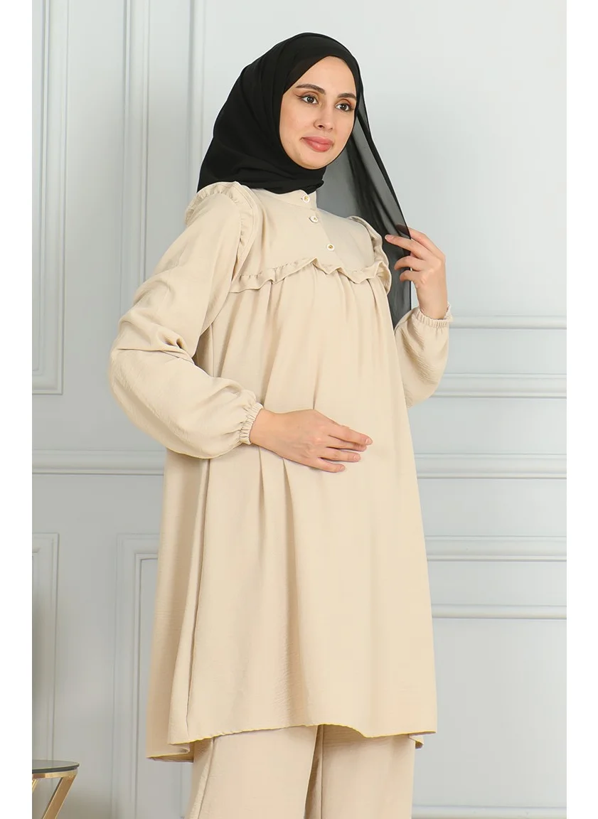 Sefa Merve Aerobin Fabric Ruffle Tunic Trousers Two Piece Set 1009-04 Beige