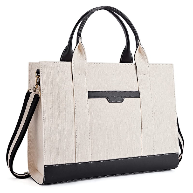 Missnine Tote Bag Canvas Laptop Bag 15.6 inch Briefcase for Women Large Capacity Handbag for Office, College, Travel (Black+Beige) - Image 1