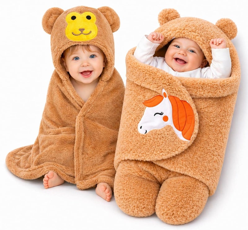 BRANDONN Baby Blankets New Born Combo Pack of Hooded Wrapper Sleeping Bag and Baby Bath Towel for 0-6 Months Baby Boys and Baby Girls Pack of 2 - Image 1